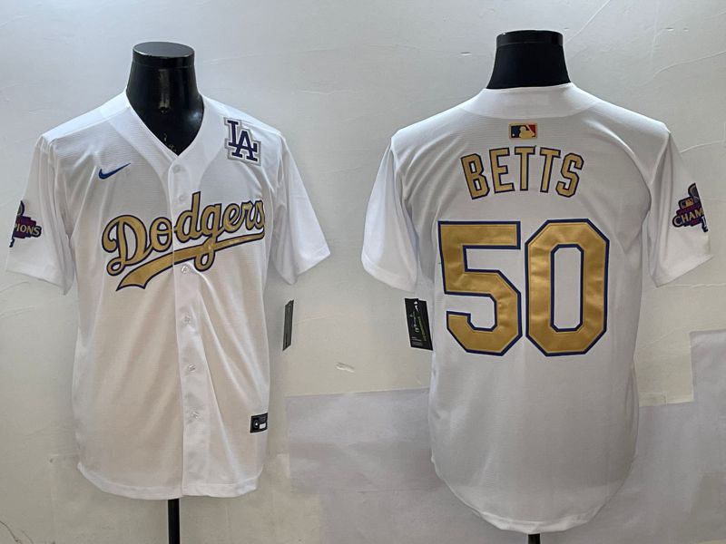 Men Los Angeles Dodgers #50 Betts White Champion gold character 2025 Nike MLB Jersey style 10->los angeles dodgers->MLB Jersey